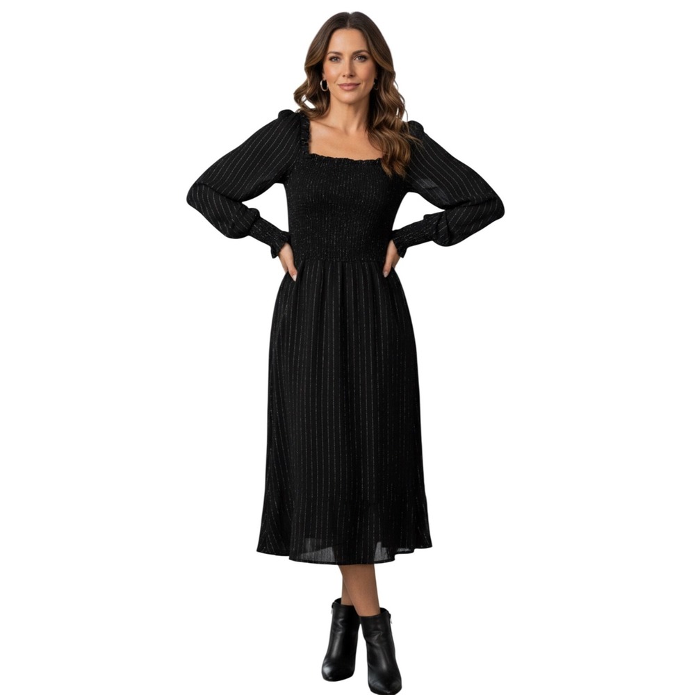 OAT New York Smocked Midi Dress Black Gold Metallic Long Sleeve Size M‎